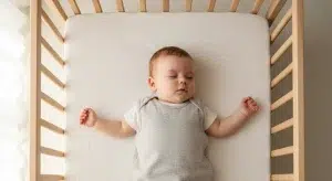 Baby sleeping peacefully on their back in a crib wearing a cotton sleep sack over a onesie