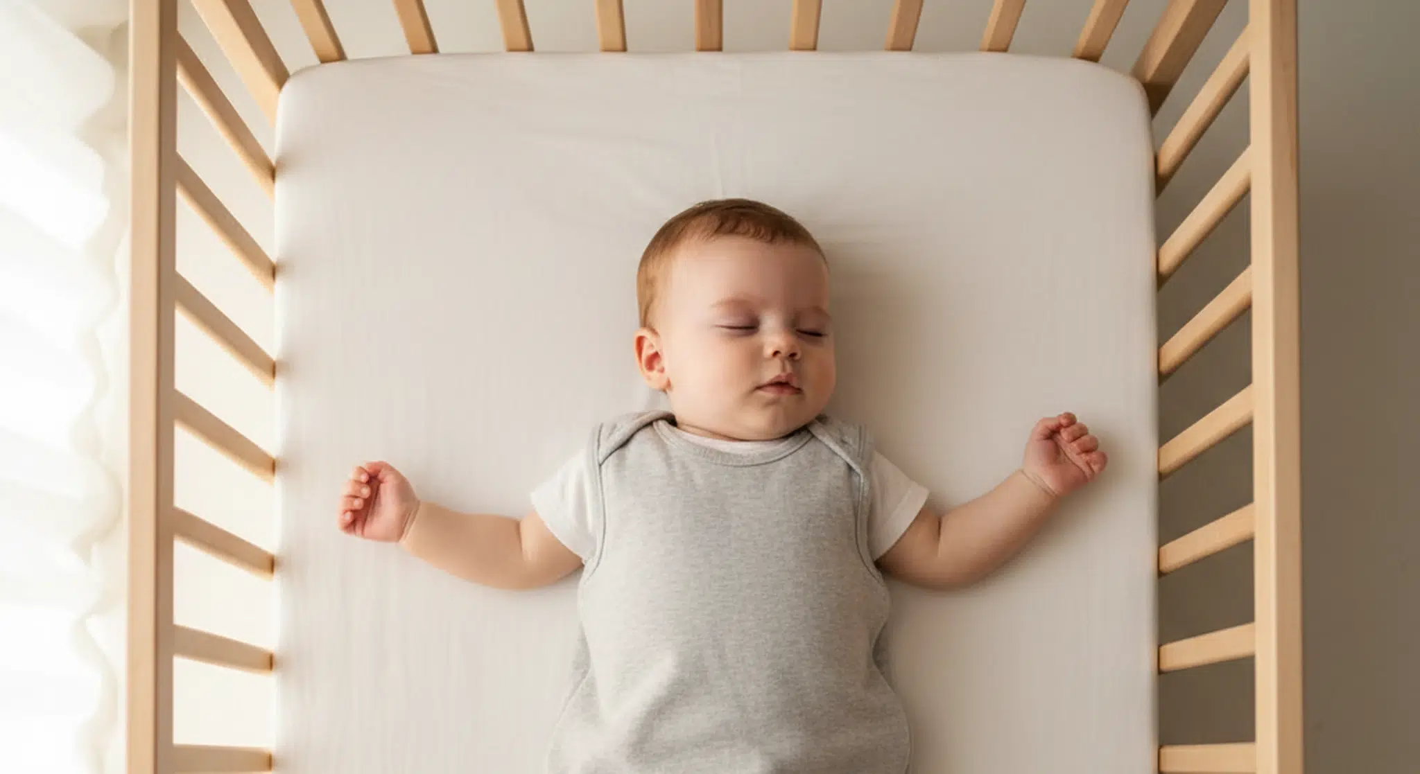 Baby sleeping peacefully on their back in a crib wearing a cotton sleep sack over a onesie