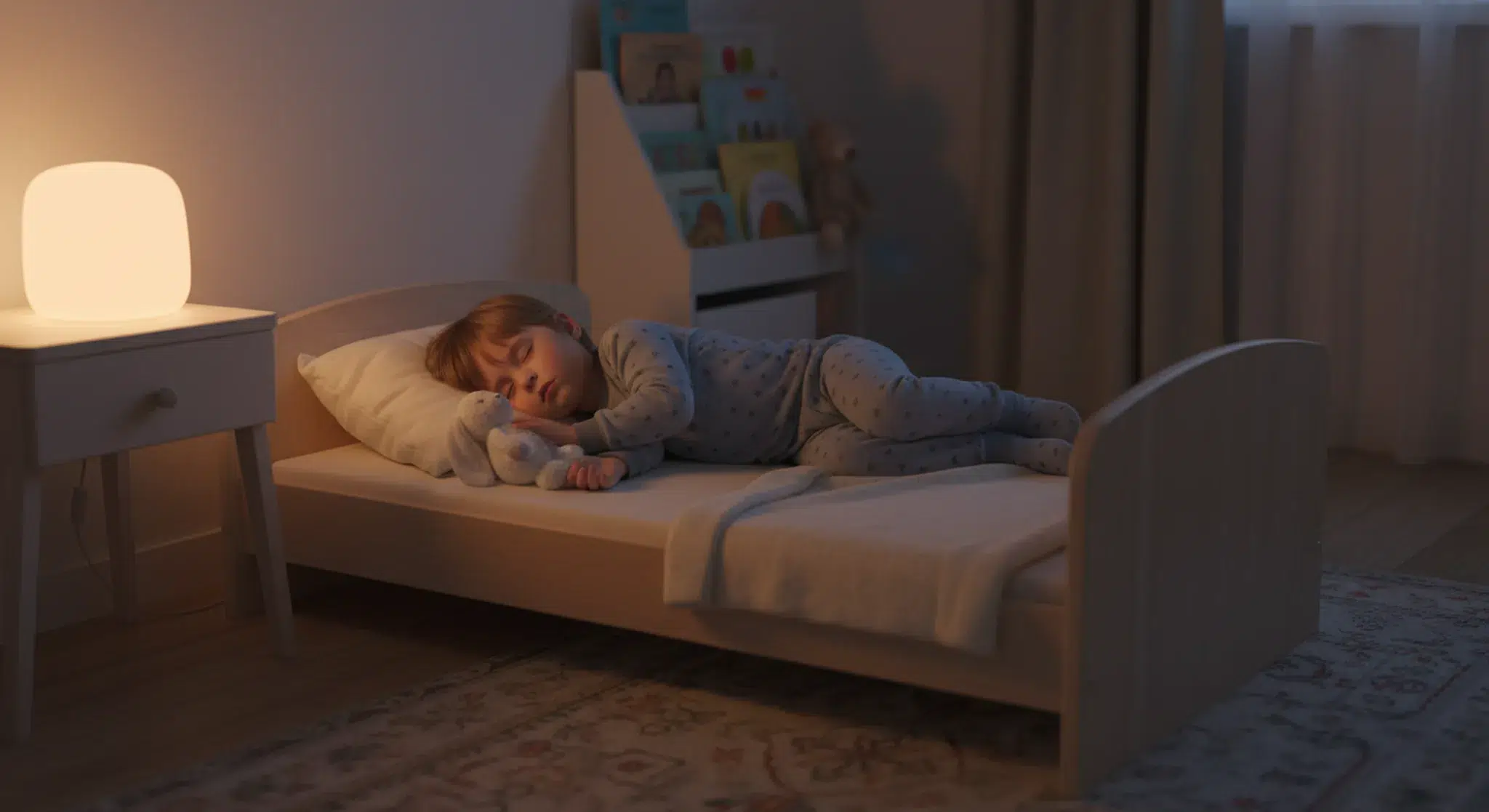 Toddler sleeping peacefully in a toddler bed at night, illustrating how to get a toddler to sleep through the night
