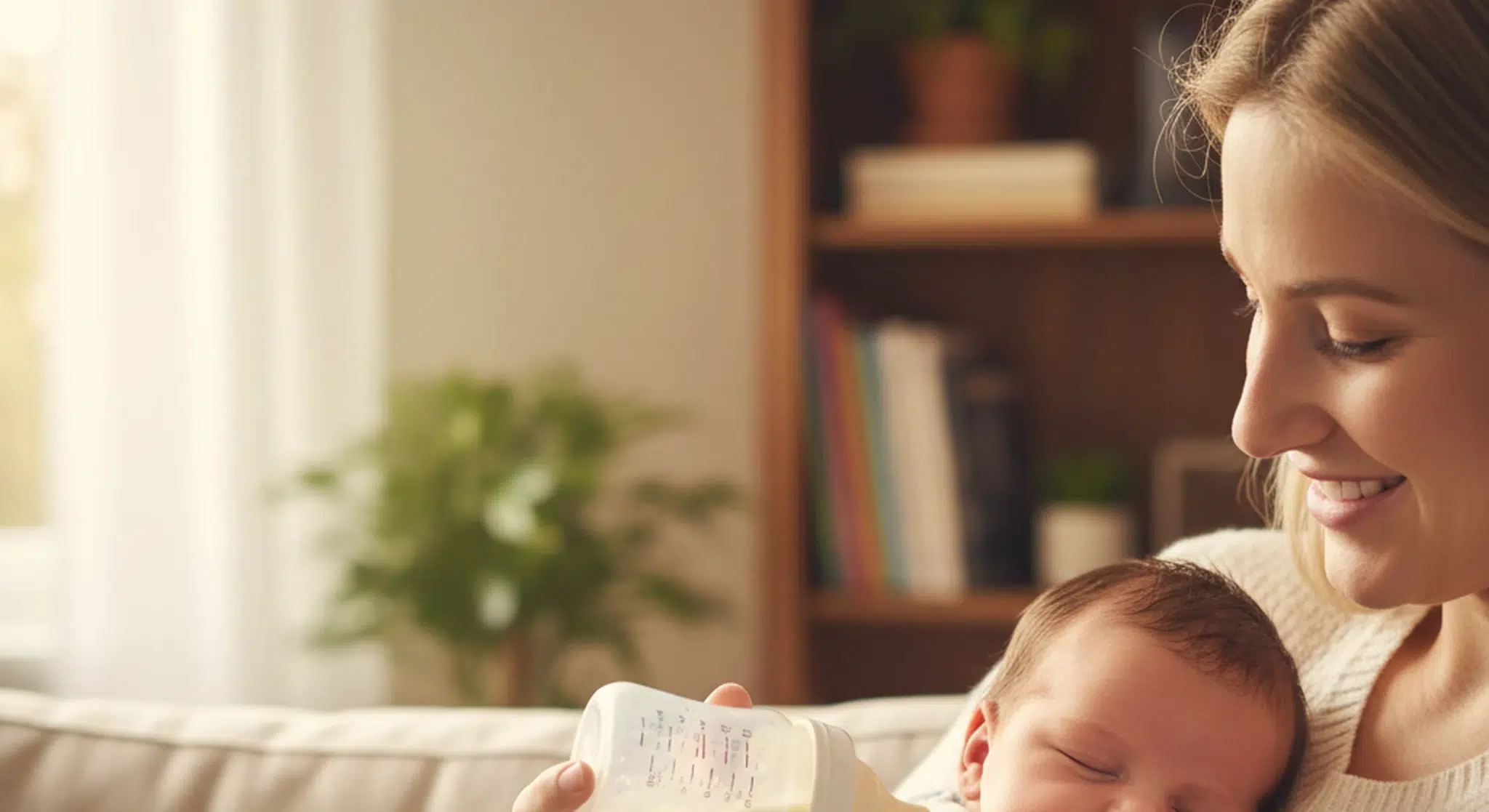 Caregiver holding a baby in a semi-upright position offering a bottle during a calm feed