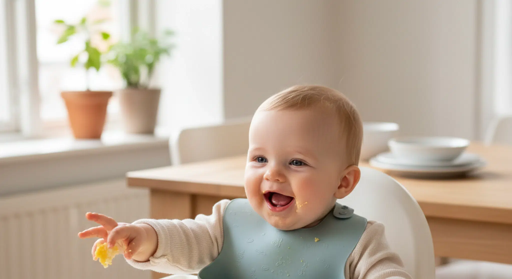 Baby in a high chair eating soft pieces of scrambled egg from the tray