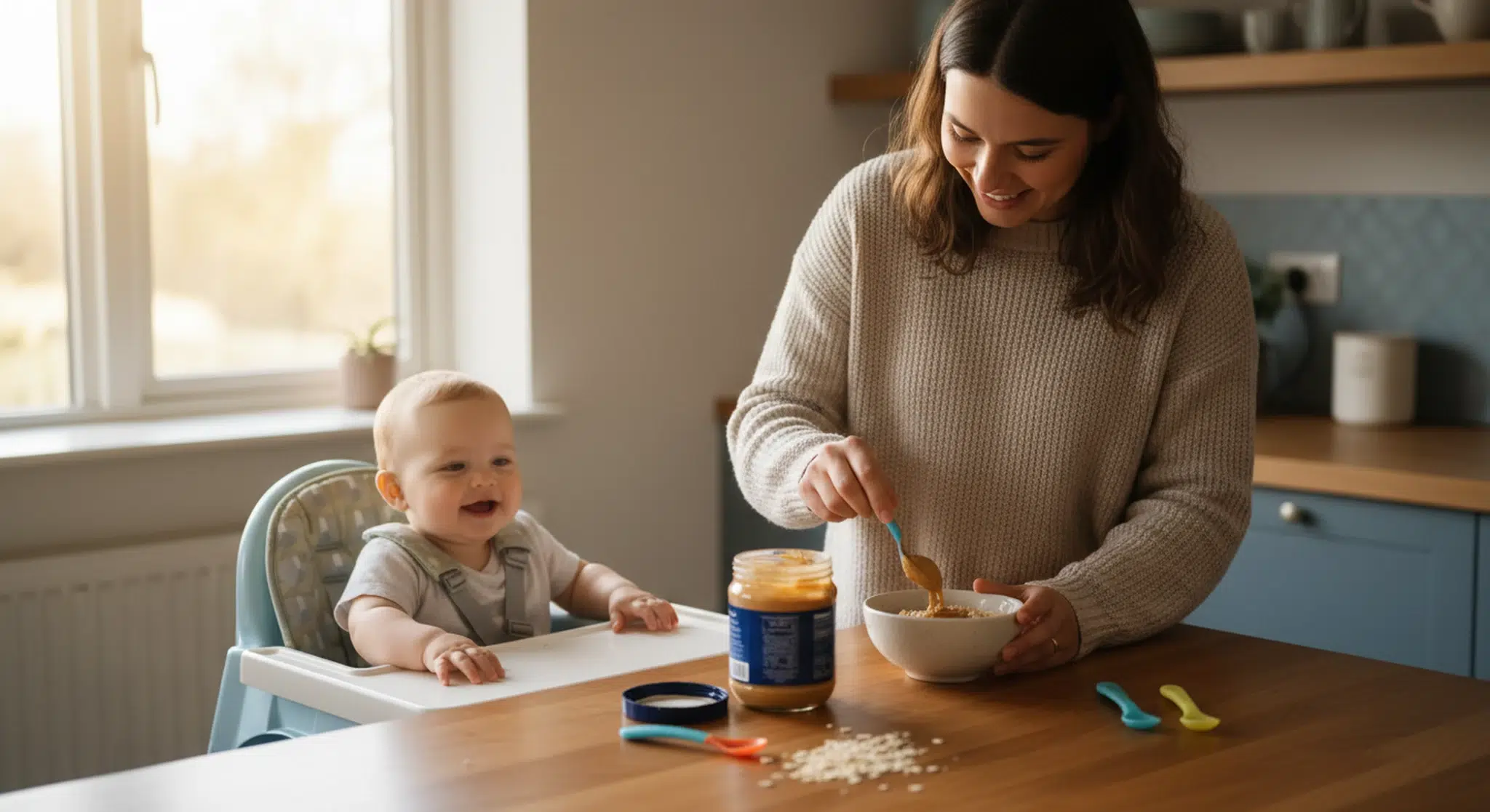 Parent stirring thinned peanut butter into oatmeal beside a baby in a high chair