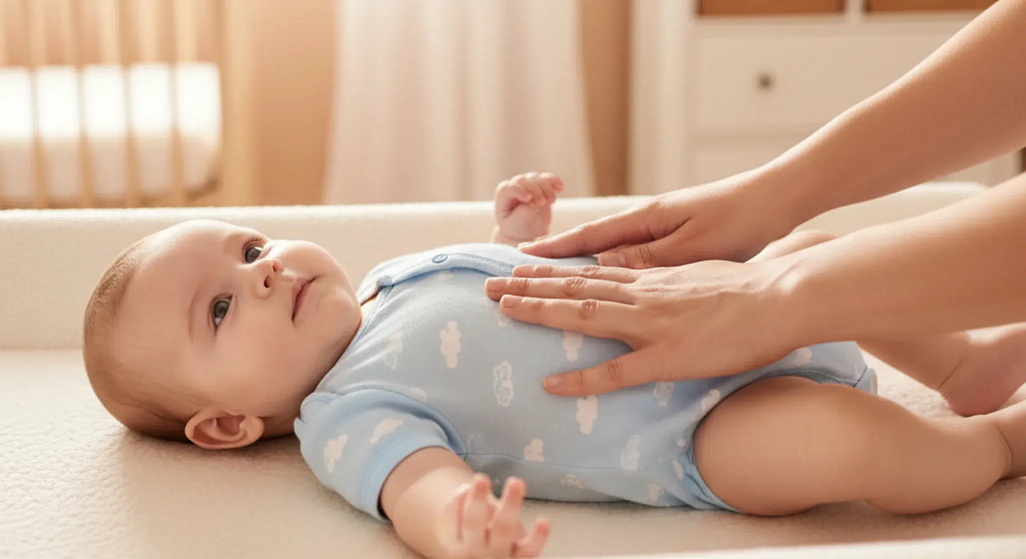 Parent gently massaging an awake baby's tummy in slow circular motions on a padded changing mat