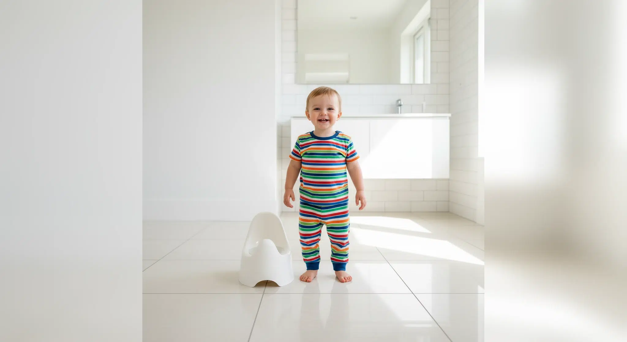 Happy fully clothed toddler standing beside a small potty chair in a bright bathroom