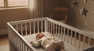 Healthy infant sleeping peacefully on their back in a bare crib with a fitted sheet in a dimly lit nursery