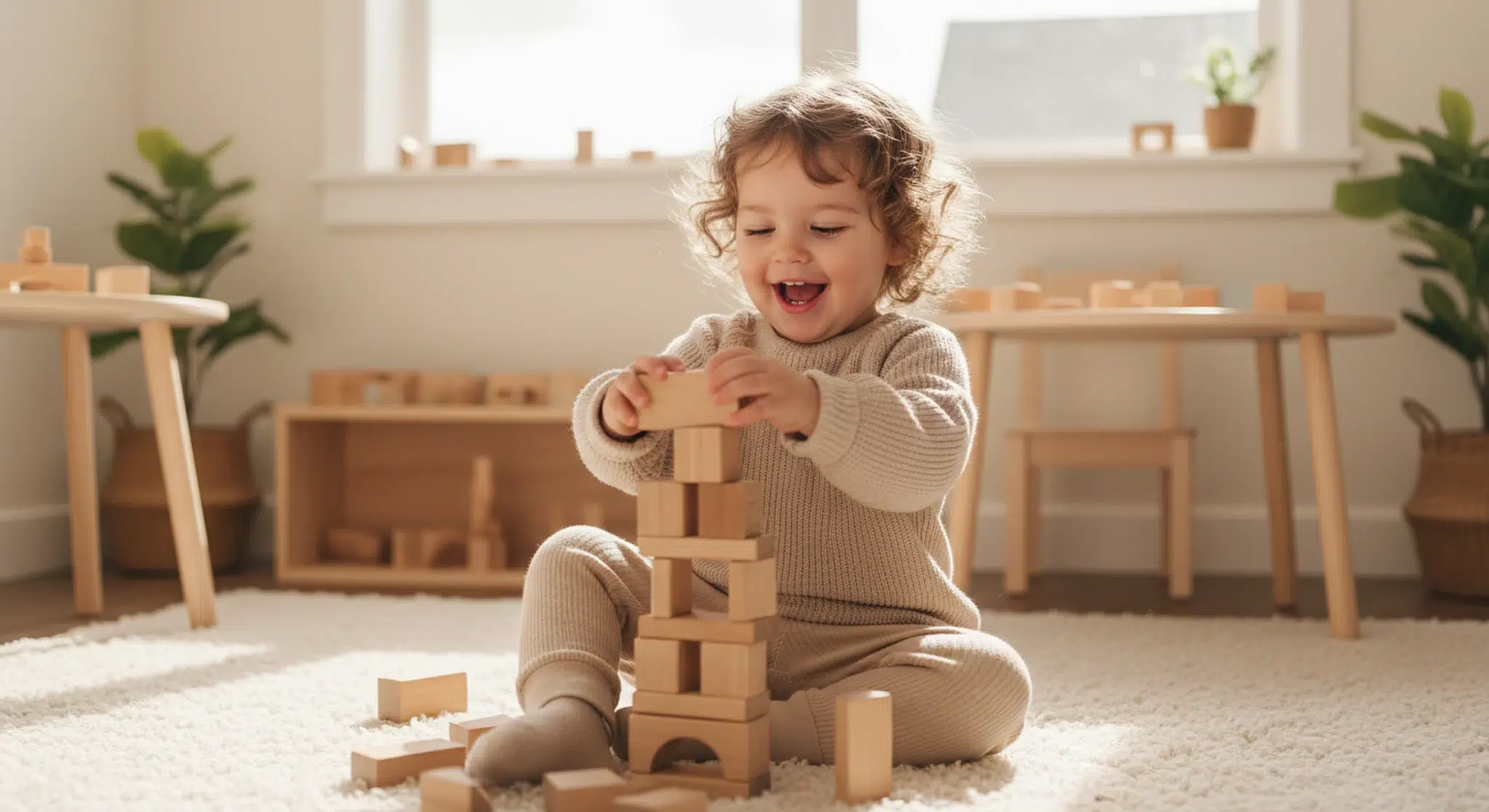 How to Wean Your Baby off the Pacifier Gentle and Coldturkey Methods | Betteroo Toddler sitting on a rug playing with blocks in a bright room with no pacifier in sight