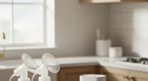 Breast pump parts and bottles of milk arranged on a clean kitchen counter