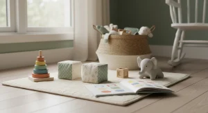 Soft play mat with a wooden ring stacker, fabric blocks, a board book, and a plush toy arranged in warm light