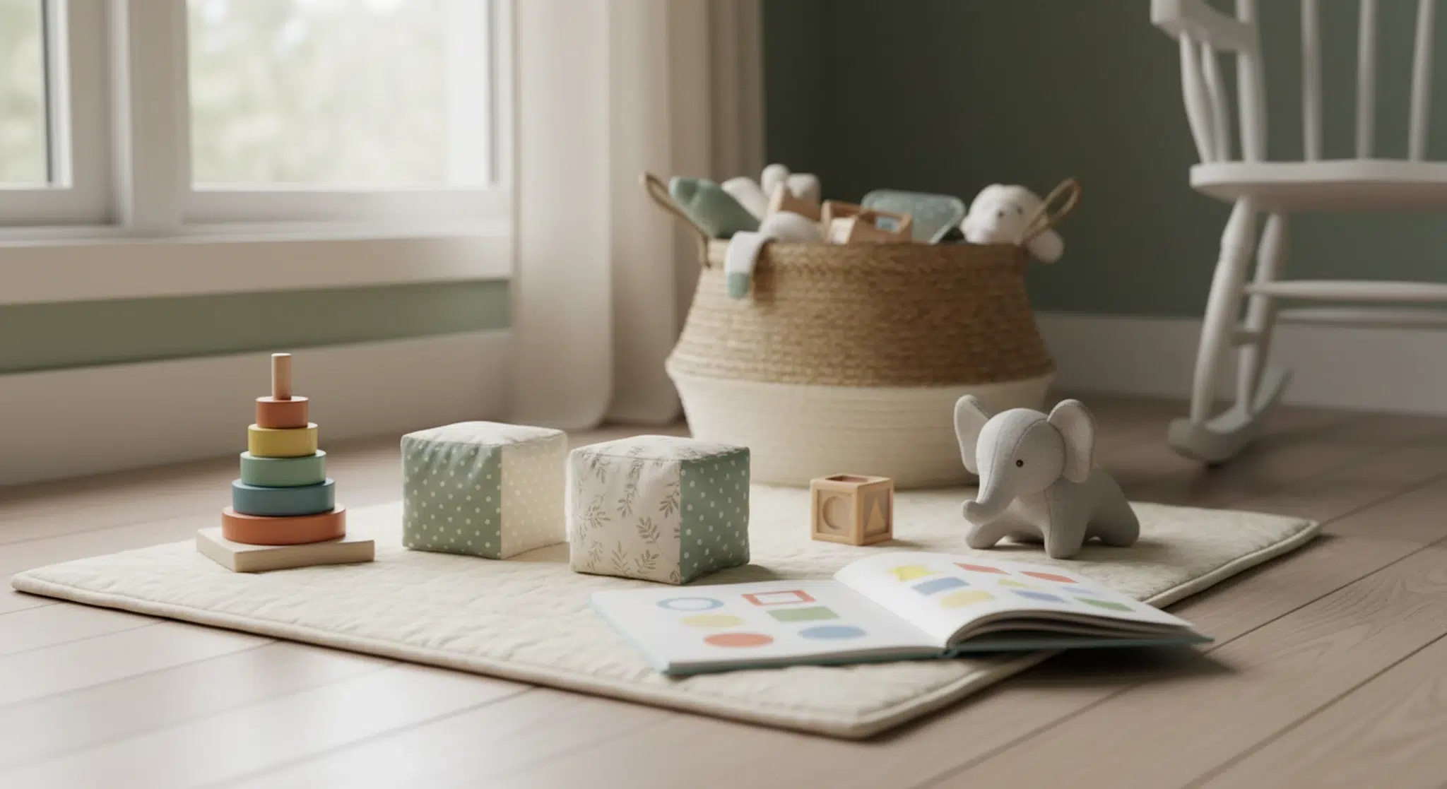 Soft play mat with a wooden ring stacker, fabric blocks, a board book, and a plush toy arranged in warm light