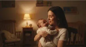 A mother gently singing a lullaby to her calm, awake baby held in her arms in a dimly lit nursery at night