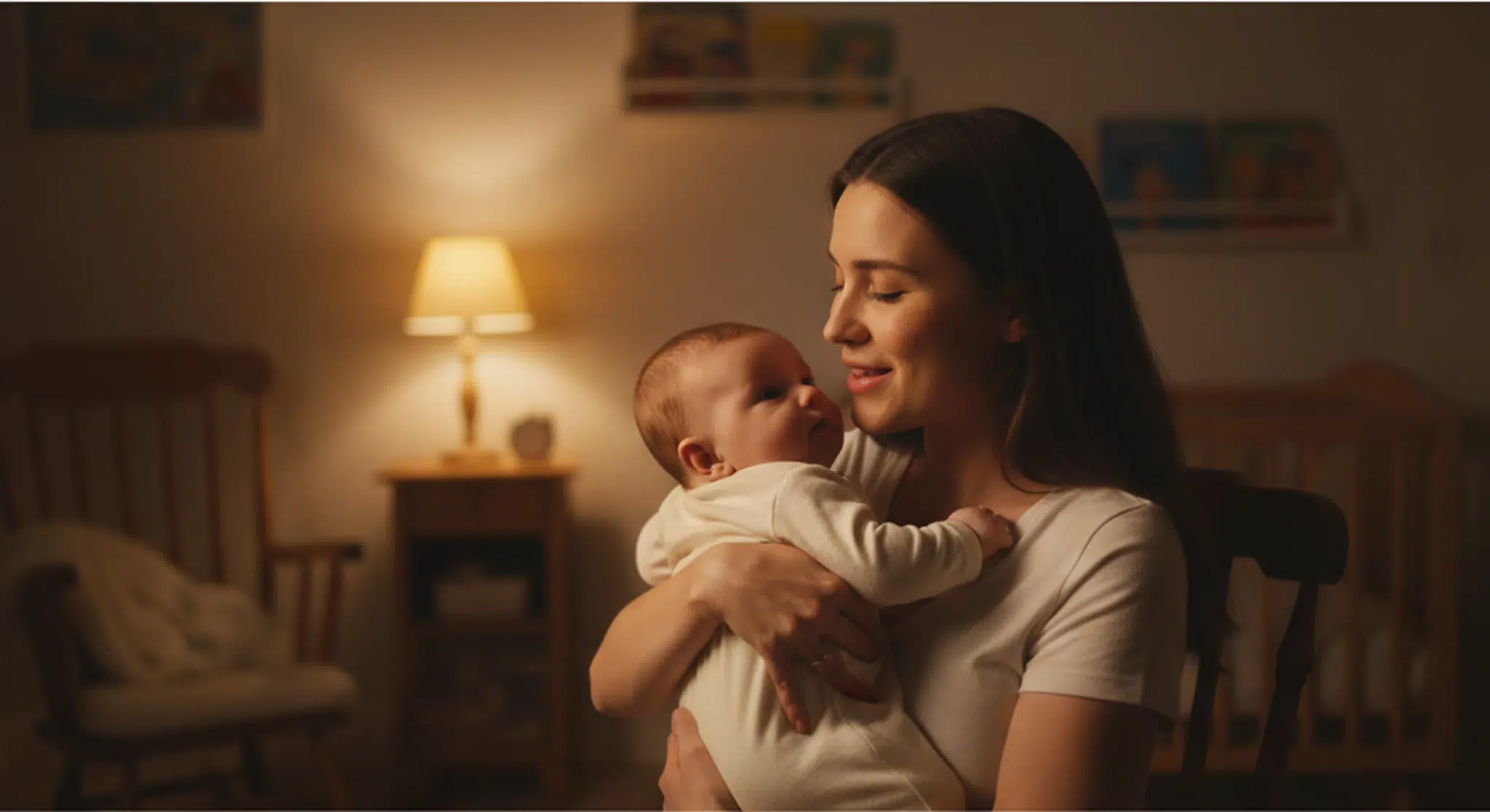 A mother gently singing a lullaby to her calm, awake baby held in her arms in a dimly lit nursery at night