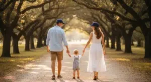 Family of three in matching navy caps walking down a tree lined path