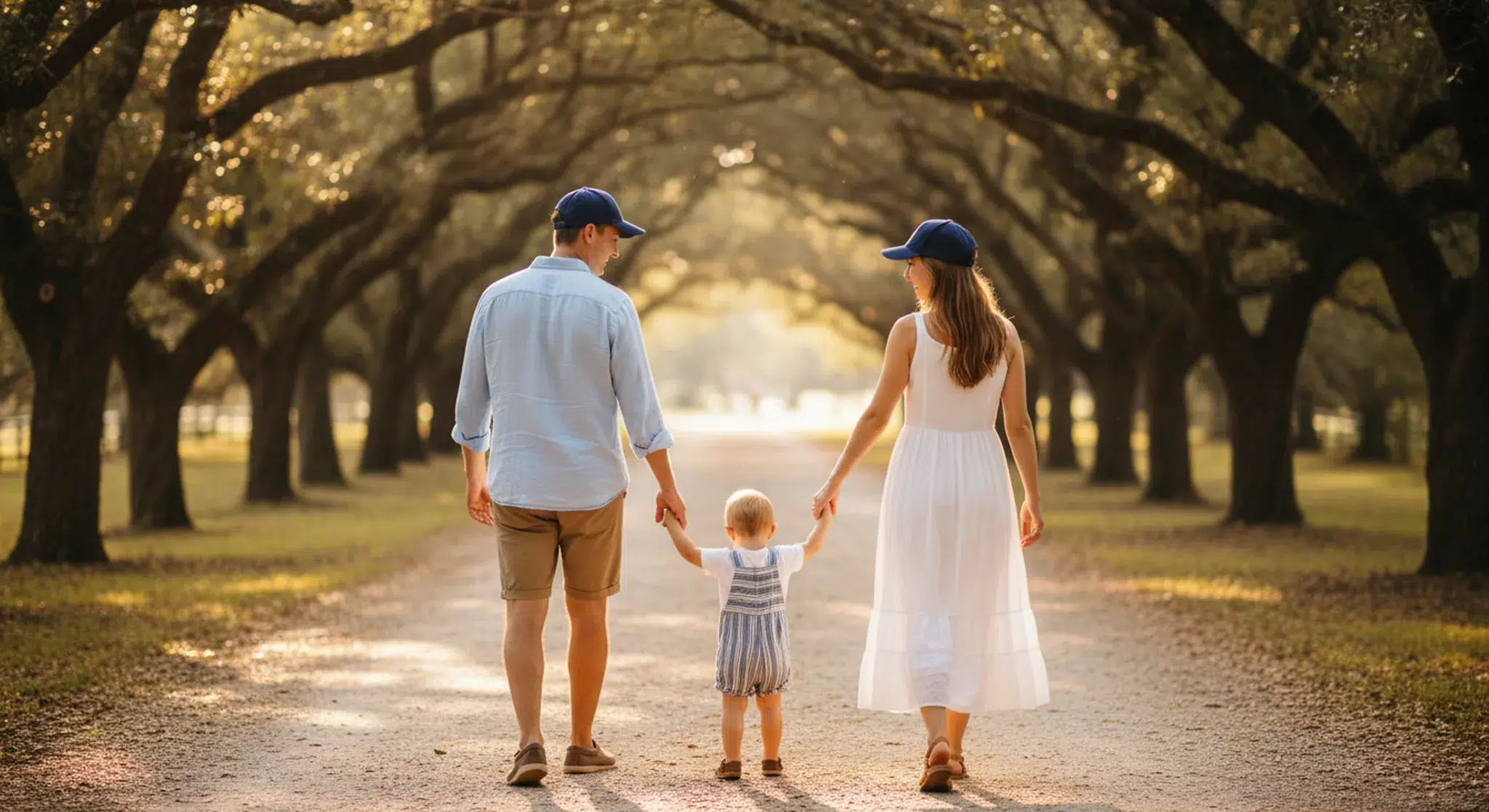 Family of three in matching navy caps walking down a tree lined path