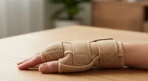 Close up of an adult wrist wearing a thumb support brace resting on a table