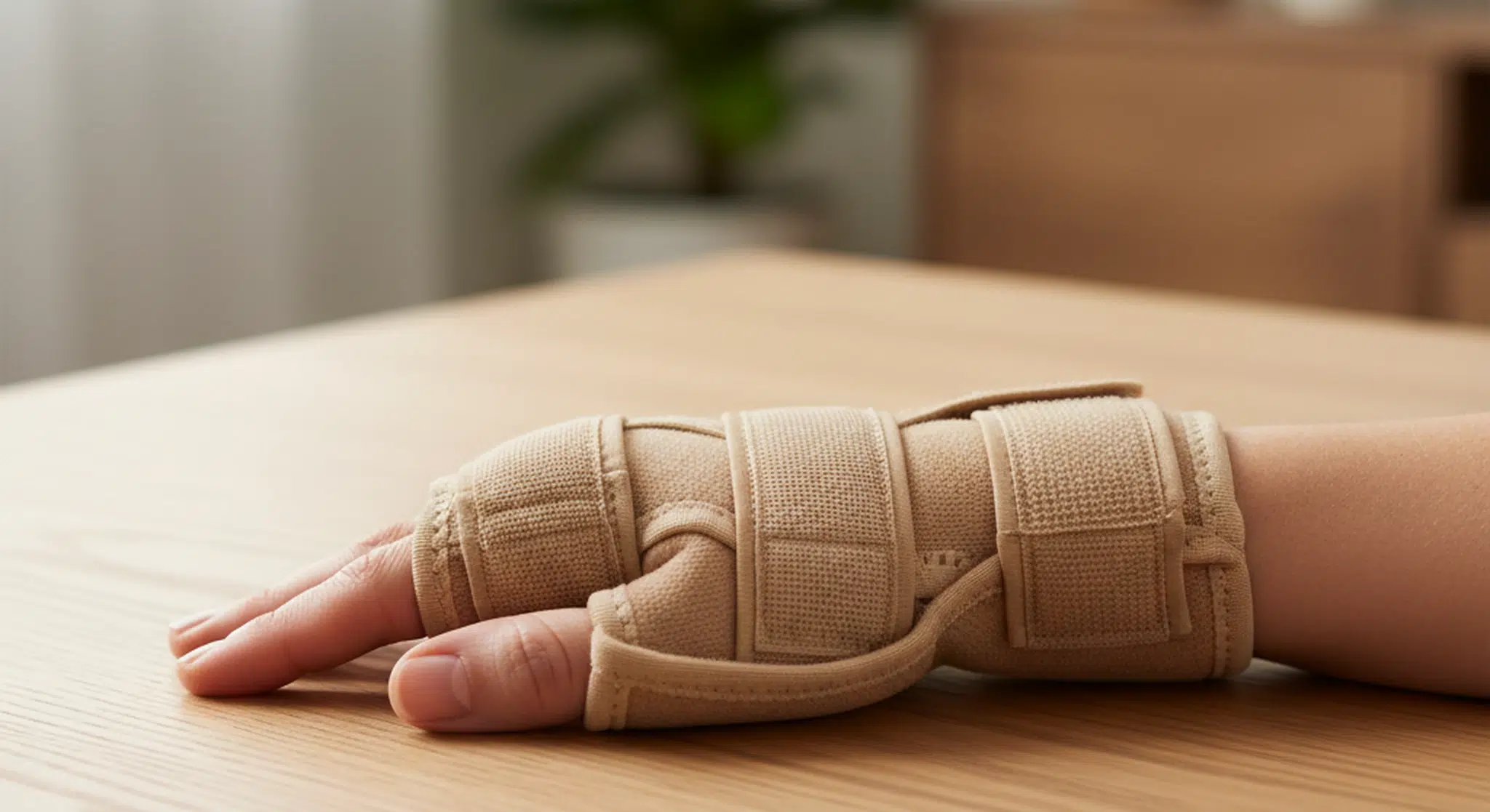 Close up of an adult wrist wearing a thumb support brace resting on a table
