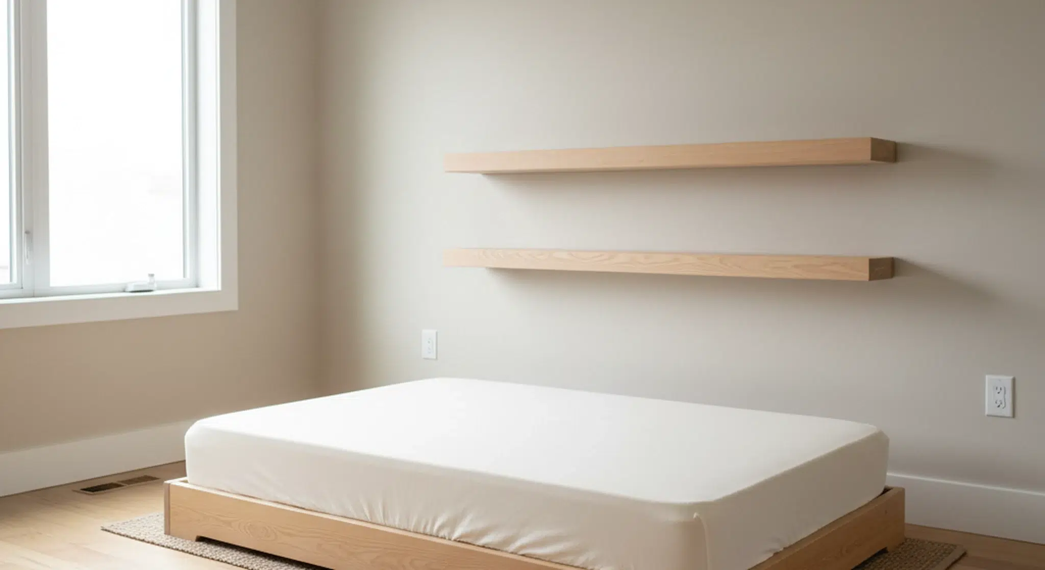 A low Montessori-style floor bed made with just a fitted sheet in a bright, minimalist, baby-proofed nursery with anchored low shelves, empty and tidy.