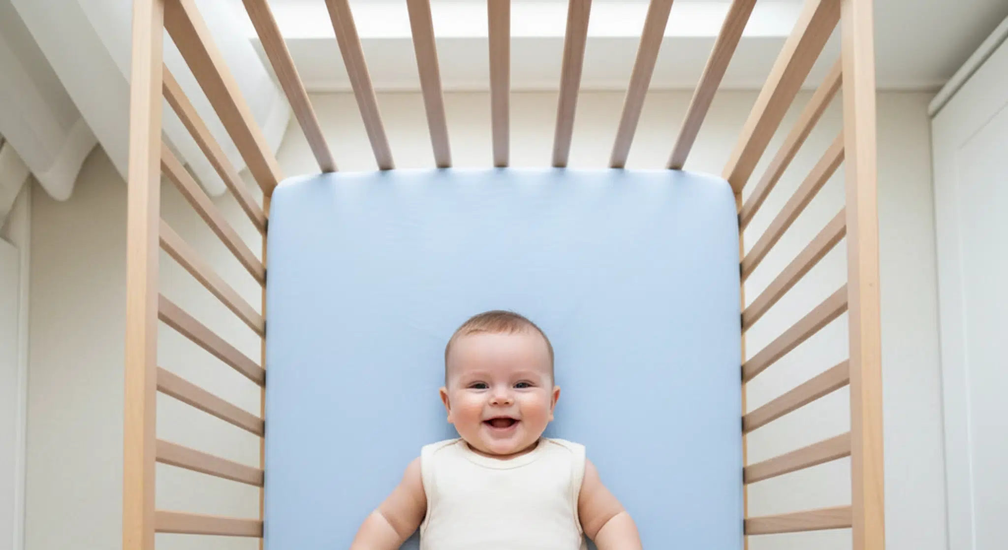 Baby smiling while lying on a blue mat inside a wooden playpen.