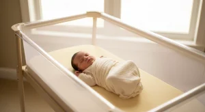 Newborn sleeping in a bassinet by a bright sunny window during the daytime