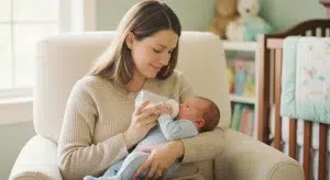 Newbornfeedingschedule | Betteroo Mother bottle-feeding her newborn baby in a nursery armchair