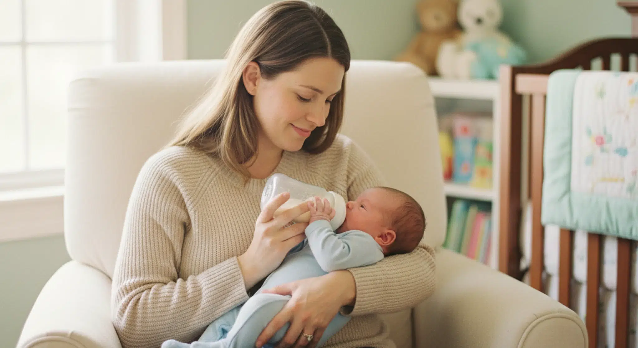 Mother bottle-feeding her newborn baby in a nursery armchair