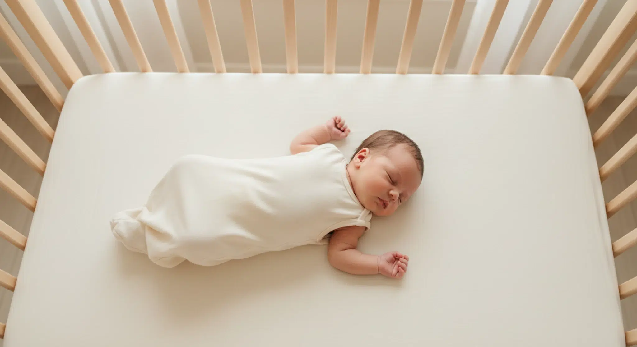Newborn sleeping on their back in a bare crib with head turned to the side