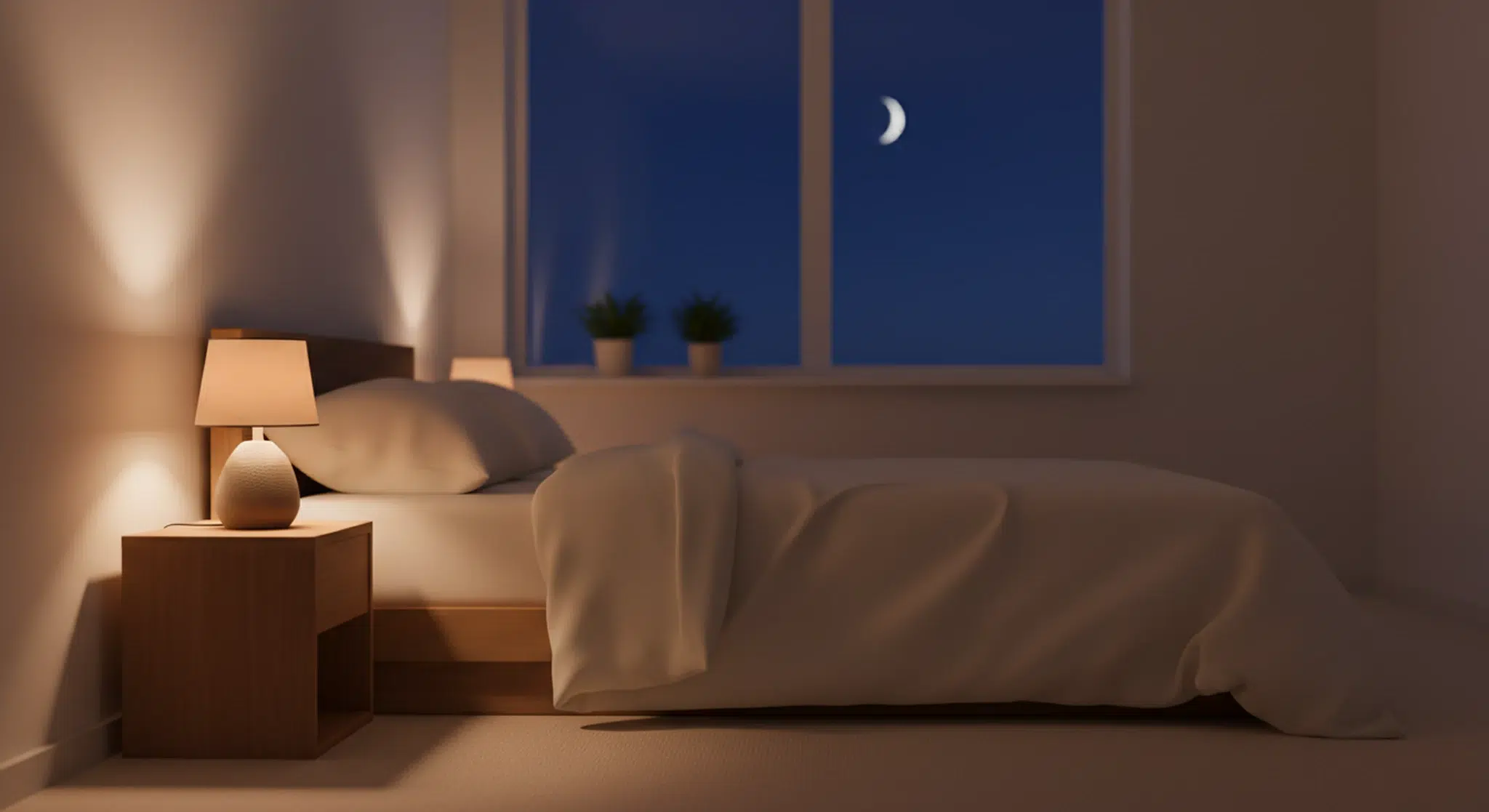 Softly lit bedroom at night with a lamp glowing beside an open window and a made bed