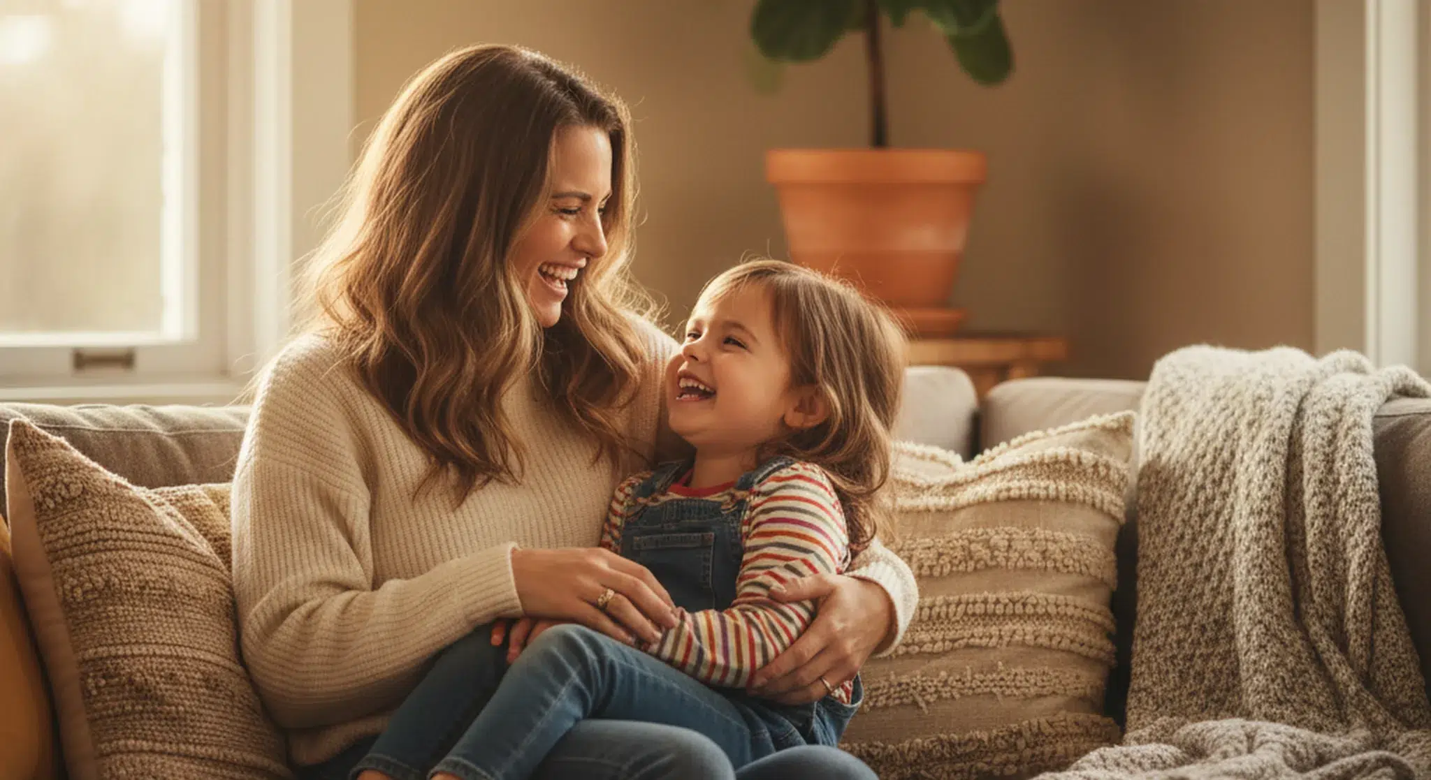 Mother laughing and cuddling her young child on a sofa, an example of permissive parenting warmth