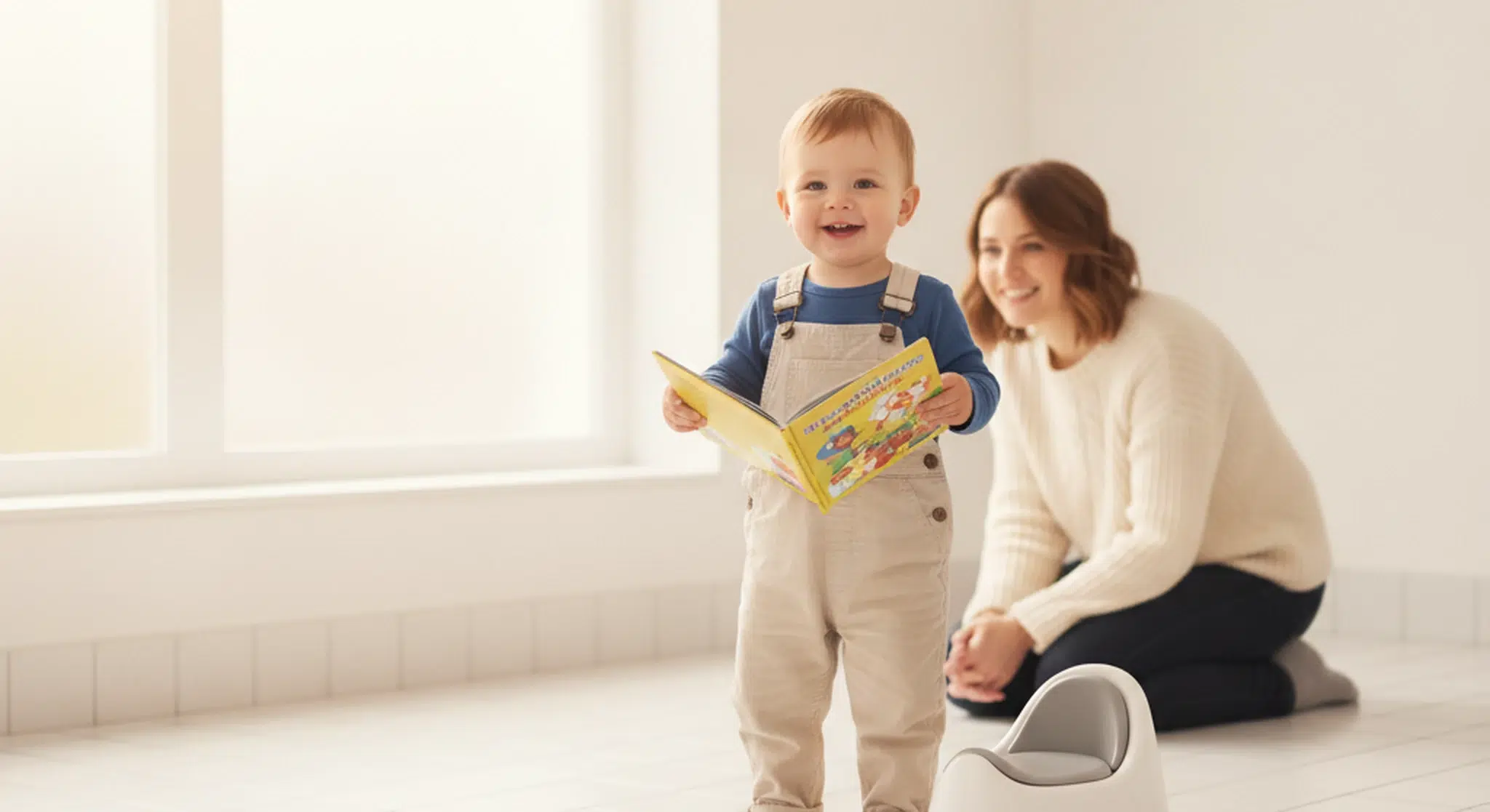 Cheerful fully clothed toddler boy standing beside a small potty chair in a bright bathroom holding a picture book