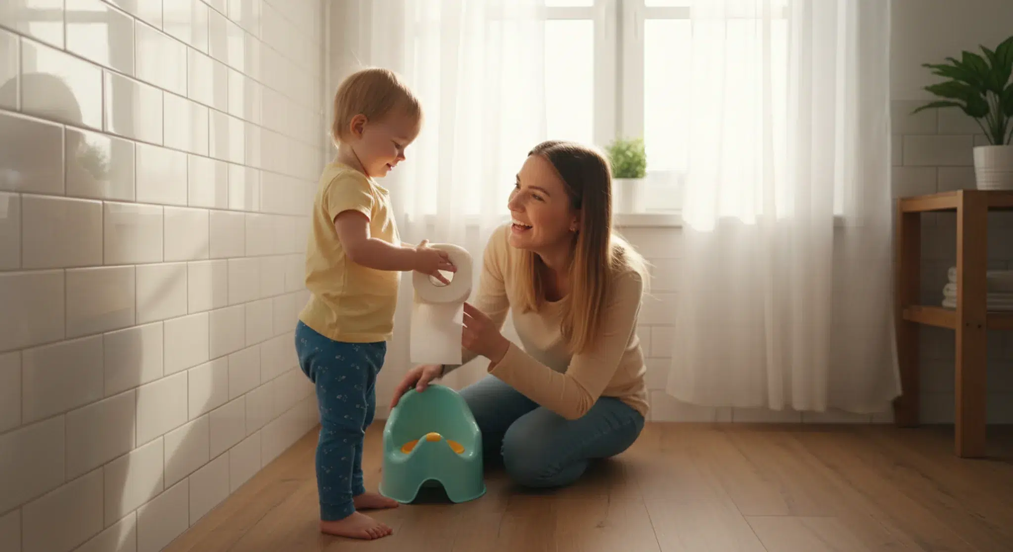 Toddler girl with her mother next to a floor potty chair in a bright bathroom