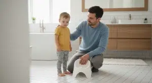 Parent kneeling to comfort a toddler in the bathroom next to a small potty chair