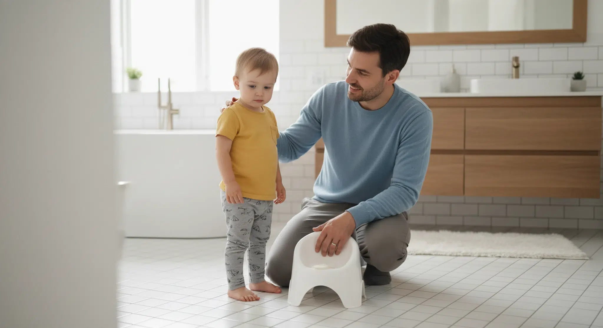 Parent kneeling to comfort a toddler in the bathroom next to a small potty chair
