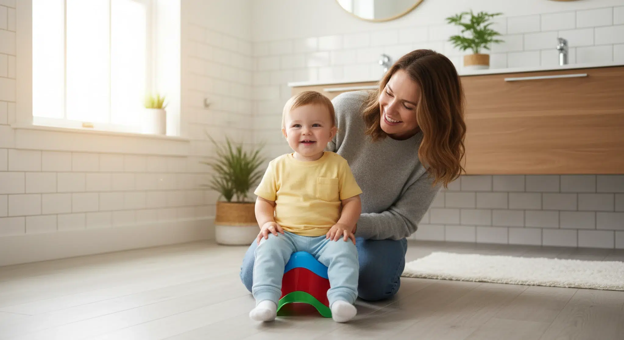 Happy toddler in a bathroom sitting on a small potty chair with a parent kneeling nearby
