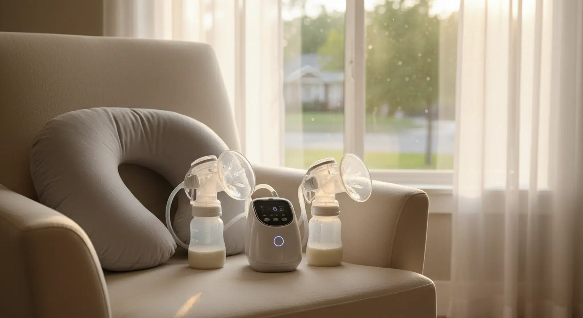 Double electric breast pump with bottles and a nursing pillow on a comfortable chair in soft light