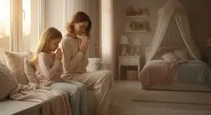 Mother and young daughter sitting together in prayer by a bedroom window in soft evening light