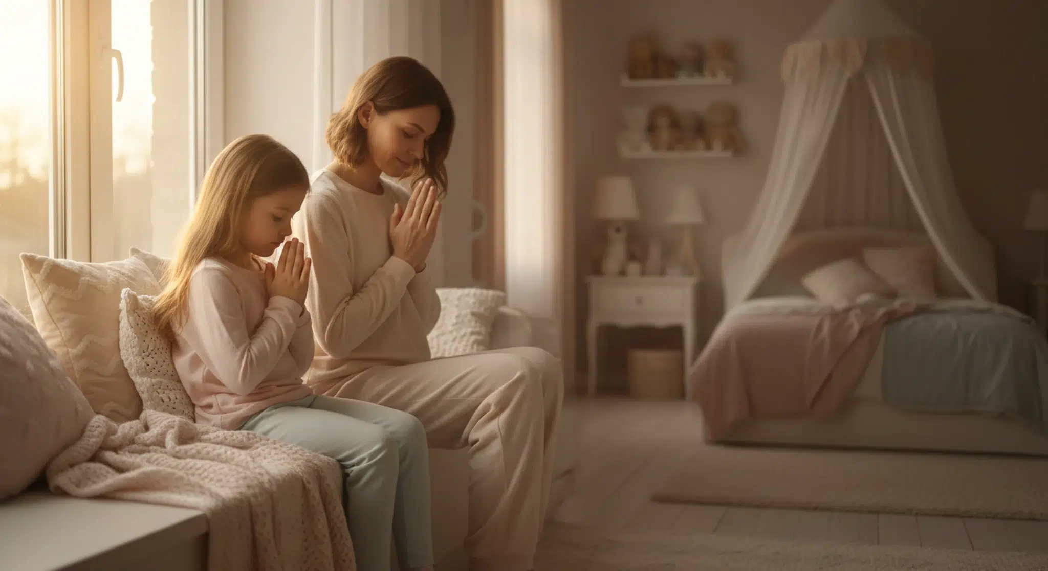 Mother and young daughter sitting together in prayer by a bedroom window in soft evening light