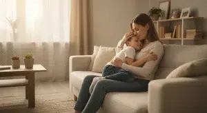 Mother hugging her young son with eyes closed in a warm sunlit living room
