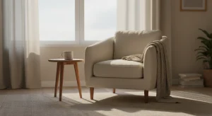 Empty chair by a window in a quiet living room with warm afternoon light