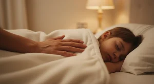 Parent's hand resting gently on a sleeping child's back in a softly lit bedroom