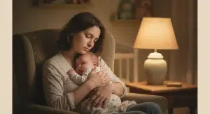 Tired mother gently soothing her awake baby at night during a separation anxiety phase
