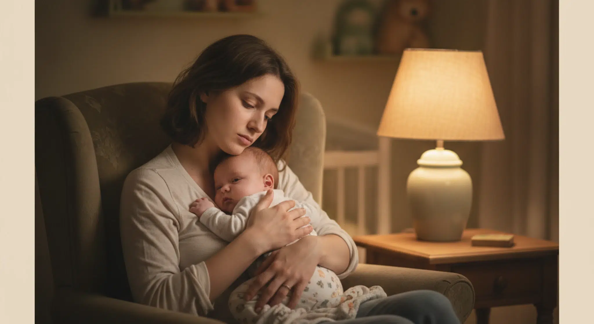 Tired mother gently soothing her awake baby at night during a separation anxiety phase