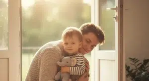Parent kneeling to hug a toddler goodbye at a bright doorway