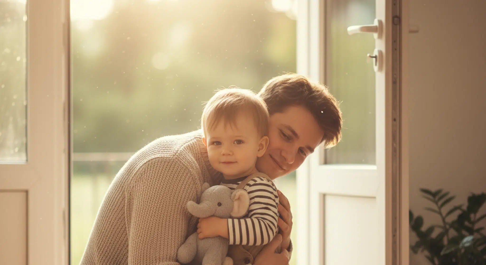 Parent kneeling to hug a toddler goodbye at a bright doorway