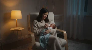 Mother gently feeding her newborn at night, illustrating should I wake my newborn to feed
