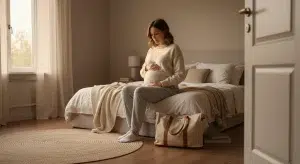 Pregnant woman sitting on the edge of her bed with hands on her belly, packed hospital bag nearby