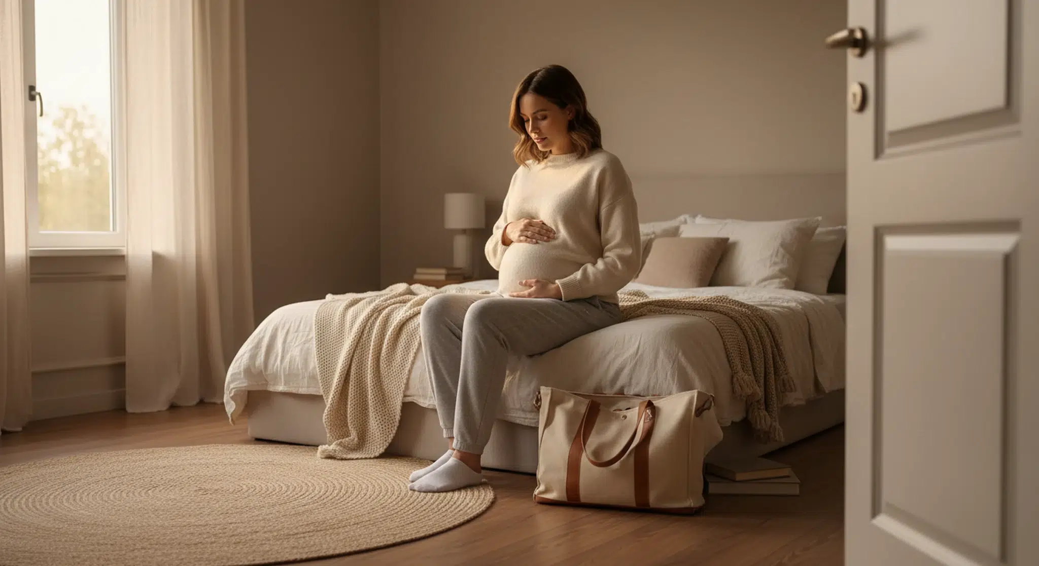 Pregnant woman sitting on the edge of her bed with hands on her belly, packed hospital bag nearby