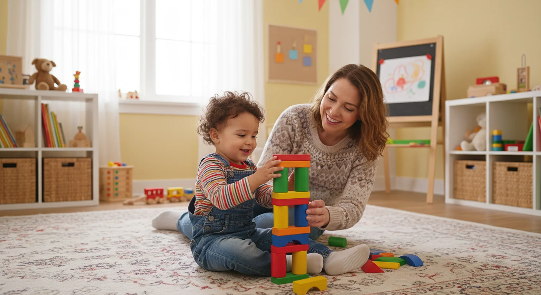 Toddler Activities Play Ideas by Age from 12 to 36 Months | Betteroo Toddler happily stacking colorful wooden blocks on the floor with a parent nearby
