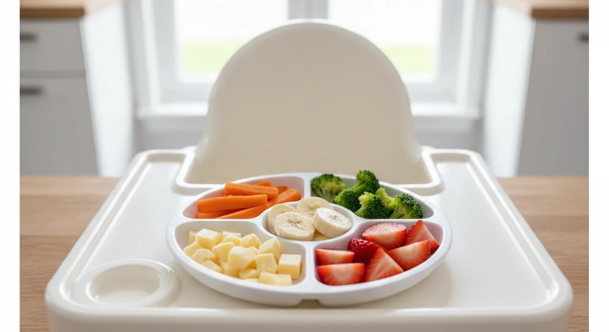 Balanced toddler meal on a divided high-chair tray with quartered grapes, steamed veggie sticks, cheese cubes, and soft pasta in a bright kitchen.