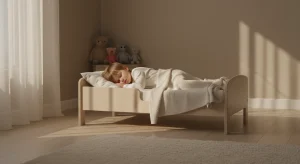 Toddler asleep in a toddler bed resting on a small low pillow