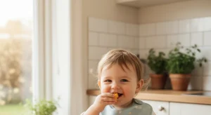 Toddler sitting in a high chair eating a colorful plate of fruit and vegetables