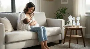 Mother nursing her baby with a breast pump and bottles nearby, illustrating a triple feeding routine